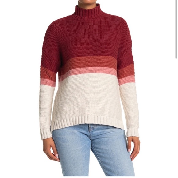 Marine Layer Remi Warm Red Multi Stripe Cotton Merino Wool Mock Neck Sweater - Picture 2 of 11